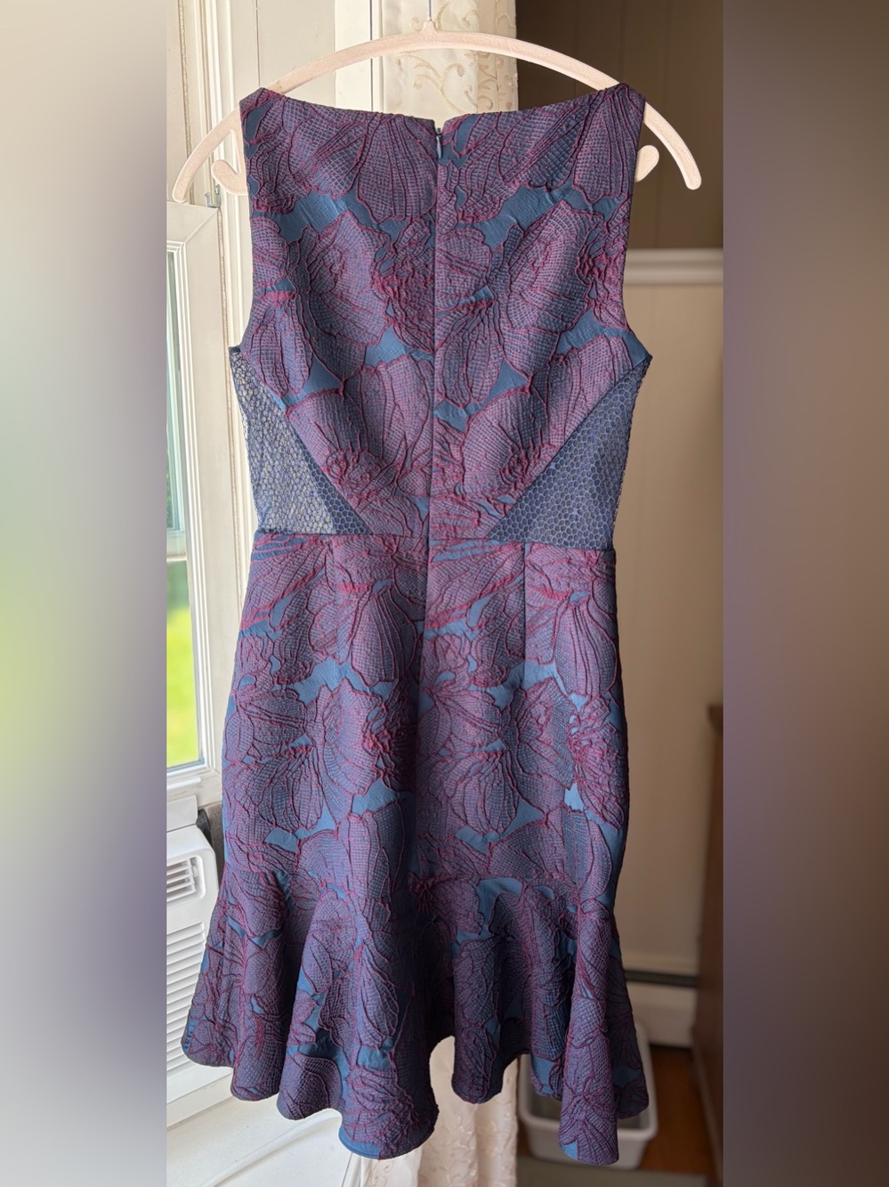 Monique Lhuillier Navy/Plum Flounce Fit Flare Midi Dress Sz 4 EUC Designer Luxe - Picture 2 of 7